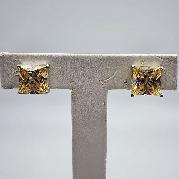 Vintage MWS Sterling Silver & Yellow Glass Clip-On Earrings - Picture 1 of 5